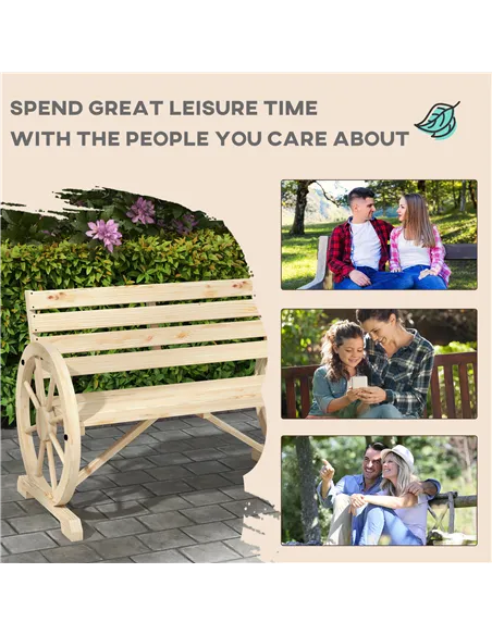 Outsunny Wagon Wheel Chair Bench Armrest Rustic Loveseat Wood Outdoor Garden, Natural