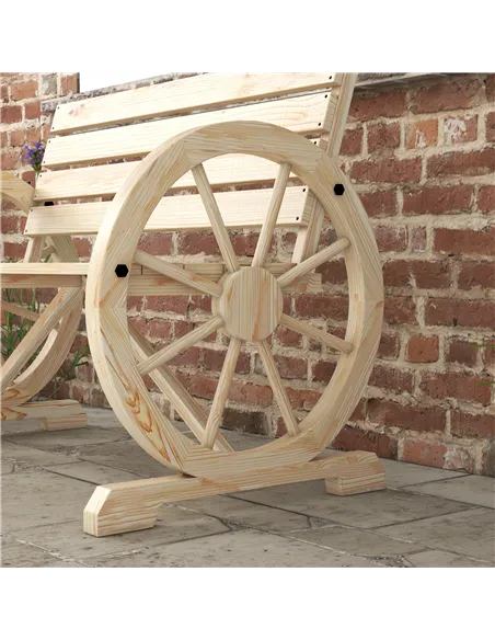 Outsunny Wagon Wheel Chair Bench Armrest Rustic Loveseat Wood Outdoor Garden, Natural