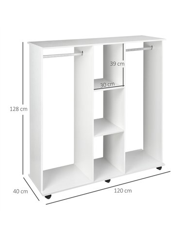 HOMCOM Open Wardrobe Double Mobile Storage Shelves Organizer W/6 Wheels-White