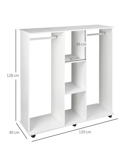 HOMCOM Open Wardrobe Double Mobile Storage Shelves Organizer W/6 Wheels-White