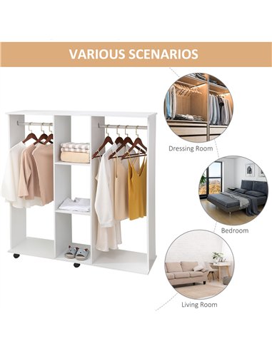 HOMCOM Open Wardrobe Double Mobile Storage Shelves Organizer W/6 Wheels-White