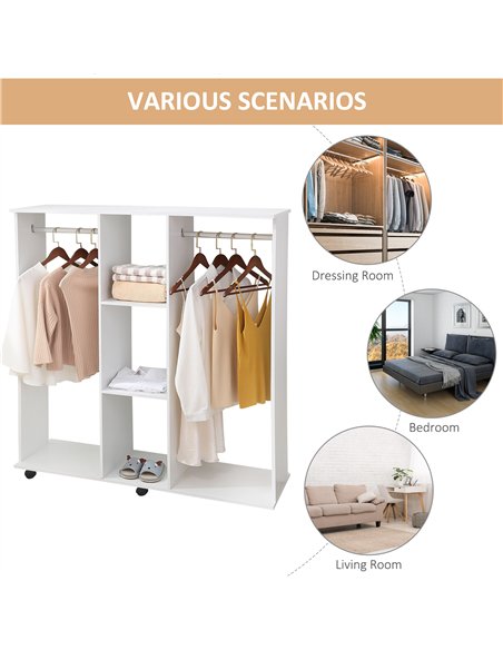HOMCOM Open Wardrobe Double Mobile Storage Shelves Organizer W/6 Wheels-White