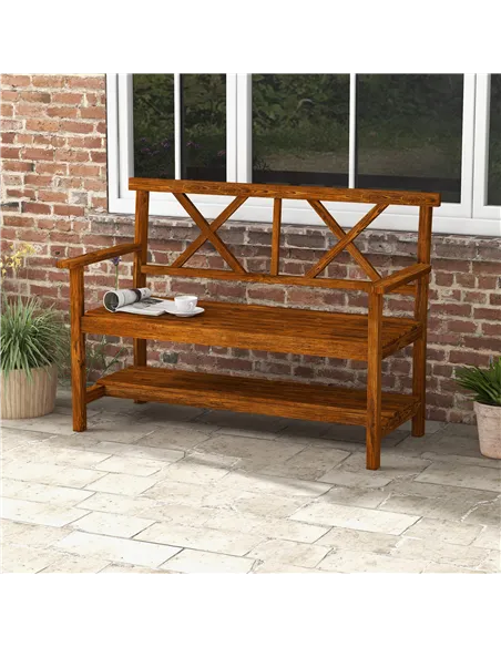 Outsunny Two-Seater Fir Wood Bench, with Bottom Shelf - Natural