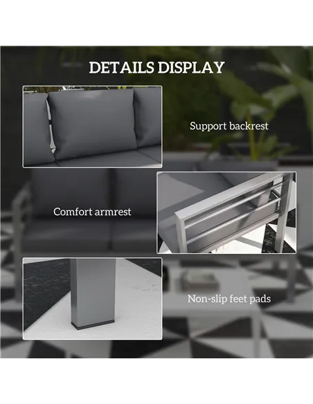 Outsunny Aluminium Three-Seater Garden Bench, with Cushions - Grey