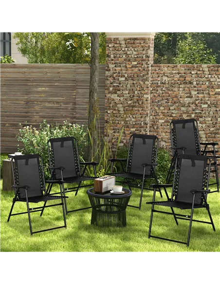 Outsunny 6 Pcs Patio Folding Chair Set, Outdoor Portable Loungers for Camping Pool Beach Deck, Lawn w/ Armrest Steel Frame Black