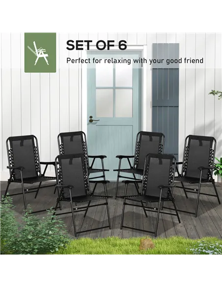 Outsunny 6 Pcs Patio Folding Chair Set, Outdoor Portable Loungers for Camping Pool Beach Deck, Lawn w/ Armrest Steel Frame Black