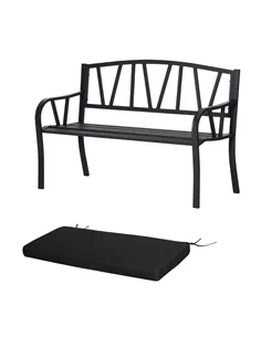 Outsunny 2-Seater Garden Bench with Cushion, Metal Loveseat, Slatted Outdoor Park Chair with Decorative Backrest and Armrest, Bl