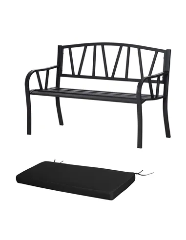 Outsunny 2-Seater Garden Bench with Cushion, Metal Loveseat, Slatted Outdoor Park Chair with Decorative Backrest and Armrest, Bl