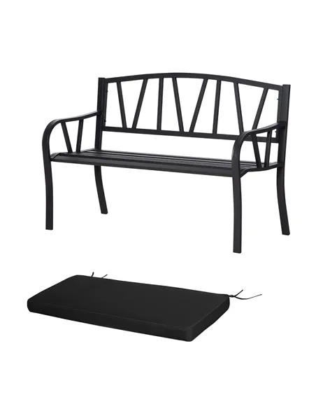 Outsunny 2-Seater Garden Bench with Cushion, Metal Loveseat, Slatted Outdoor Park Chair with Decorative Backrest and Armrest, Bl