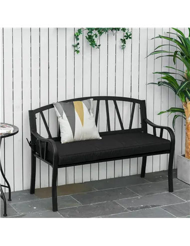 Outsunny 2-Seater Garden Bench with Cushion, Metal Loveseat, Slatted Outdoor Park Chair with Decorative Backrest and Armrest, Bl
