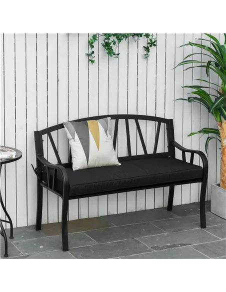 Outsunny 2-Seater Garden Bench with Cushion, Metal Loveseat, Slatted Outdoor Park Chair with Decorative Backrest and Armrest, Bl