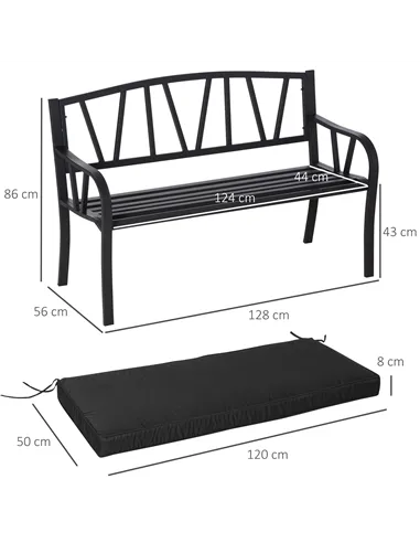 Outsunny 2-Seater Garden Bench with Cushion, Metal Loveseat, Slatted Outdoor Park Chair with Decorative Backrest and Armrest, Bl