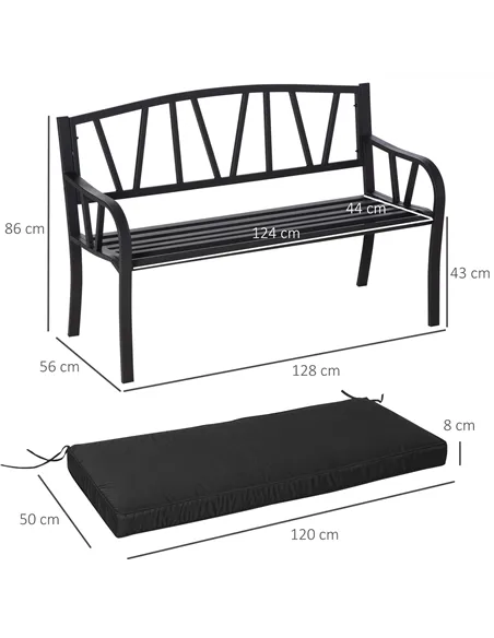 Outsunny 2-Seater Garden Bench with Cushion, Metal Loveseat, Slatted Outdoor Park Chair with Decorative Backrest and Armrest, Bl