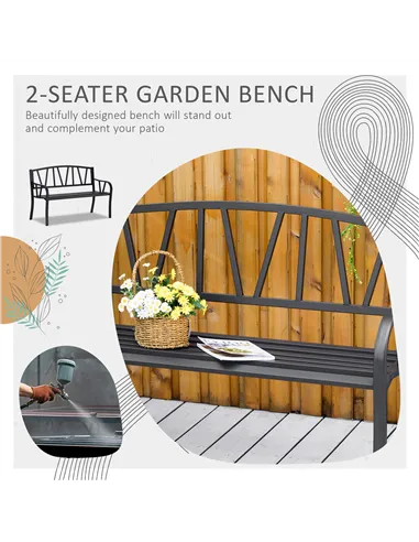 Outsunny 2-Seater Garden Bench with Cushion, Metal Loveseat, Slatted Outdoor Park Chair with Decorative Backrest and Armrest, Bl