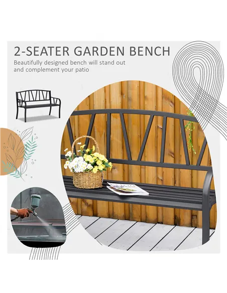 Outsunny 2-Seater Garden Bench with Cushion, Metal Loveseat, Slatted Outdoor Park Chair with Decorative Backrest and Armrest, Bl