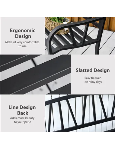 Outsunny 2-Seater Garden Bench with Cushion, Metal Loveseat, Slatted Outdoor Park Chair with Decorative Backrest and Armrest, Bl