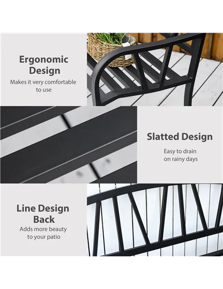 Outsunny 2-Seater Garden Bench with Cushion, Metal Loveseat, Slatted Outdoor Park Chair with Decorative Backrest and Armrest, Bl