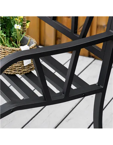 Outsunny 2-Seater Garden Bench with Cushion, Metal Loveseat, Slatted Outdoor Park Chair with Decorative Backrest and Armrest, Bl