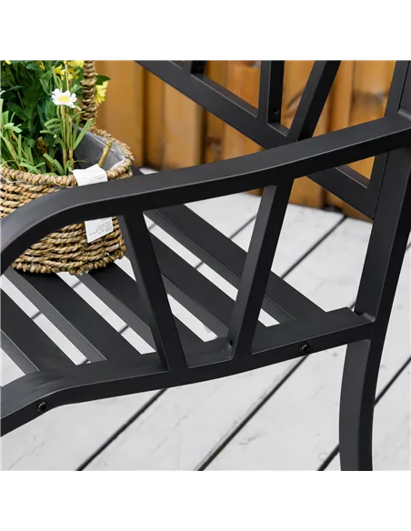 Outsunny 2-Seater Garden Bench with Cushion, Metal Loveseat, Slatted Outdoor Park Chair with Decorative Backrest and Armrest, Bl