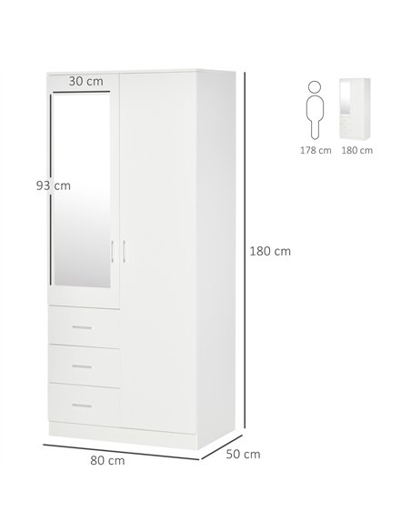 HOMCOM 2 Door 3 Drawer Mirrored Wardrobe with Hanging Rail, Modern Clothes Storage Cupboard with Mirror, Drawers and Adjustable 