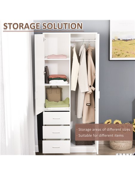 HOMCOM 2 Door 3 Drawer Mirrored Wardrobe with Hanging Rail, Modern Clothes Storage Cupboard with Mirror, Drawers and Adjustable 