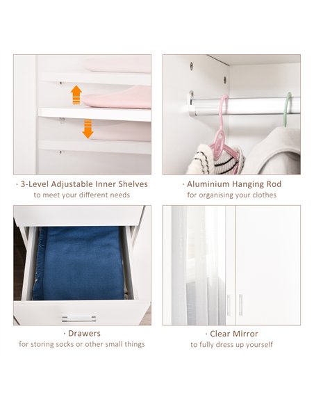HOMCOM 2 Door 3 Drawer Mirrored Wardrobe with Hanging Rail, Modern Clothes Storage Cupboard with Mirror, Drawers and Adjustable 