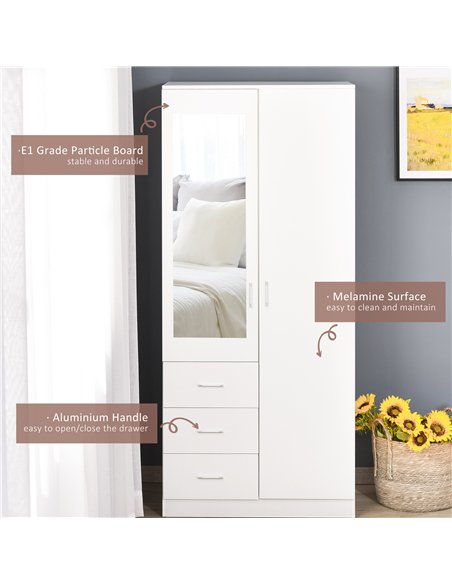 HOMCOM 2 Door 3 Drawer Mirrored Wardrobe with Hanging Rail, Modern Clothes Storage Cupboard with Mirror, Drawers and Adjustable 