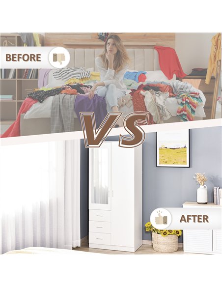 HOMCOM 2 Door 3 Drawer Mirrored Wardrobe with Hanging Rail, Modern Clothes Storage Cupboard with Mirror, Drawers and Adjustable 