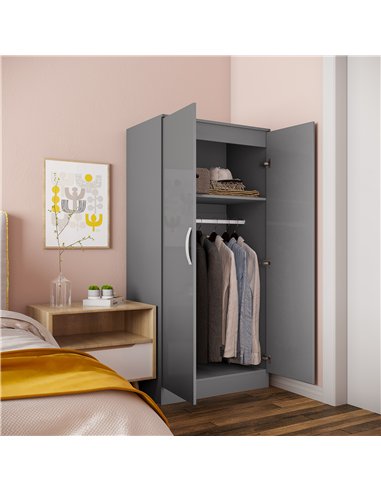 HOMCOM High Gloss Wardrobe, 2 Door Wardrobe with Hanging Rod and Storage Shelf, Clothes Storage Organizer with Anti-tipping Desi