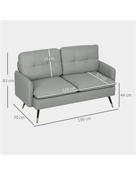 HOMCOM Modern Two Seater Sofa, Button Tufted Loveseat with Cushions and Steel Legs for Living Room, Guest Room, Grey