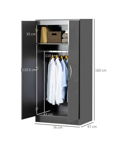 HOMCOM High Gloss Wardrobe, 2 Door Wardrobe with Hanging Rod and Storage Shelf, Clothes Storage Organizer with Anti-tipping Desi