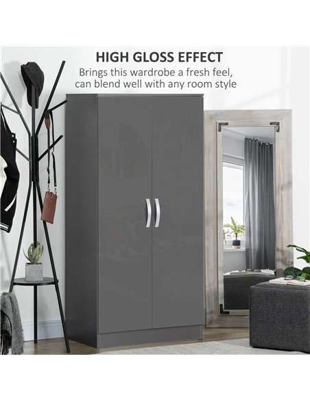 HOMCOM High Gloss Wardrobe, 2 Door Wardrobe with Hanging Rod and Storage Shelf, Clothes Storage Organizer with Anti-tipping Desi