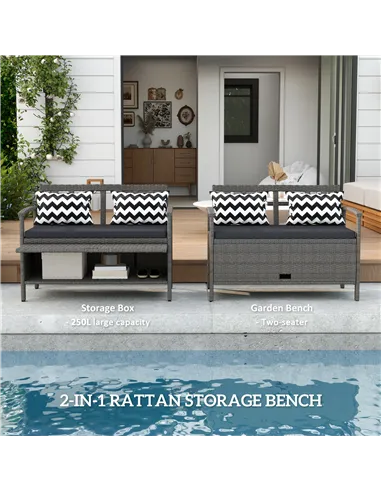 Outsunny 160L Storage Two-Seater Rattan Bench - Grey