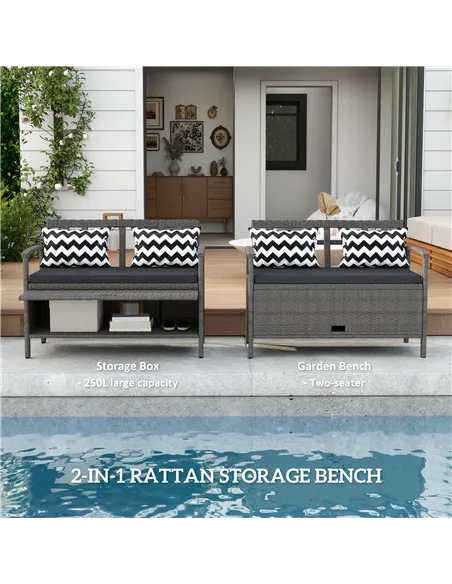 Outsunny 160L Storage Two-Seater Rattan Bench - Grey