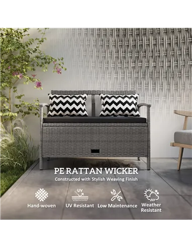 Outsunny 160L Storage Two-Seater Rattan Bench - Grey