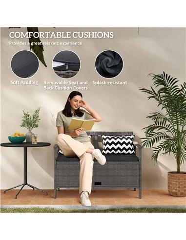 Outsunny 160L Storage Two-Seater Rattan Bench - Grey