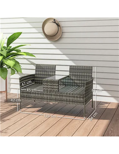 Outsunny Two-Seat Rattan Chair, with Middle Table - Charcoal Grey