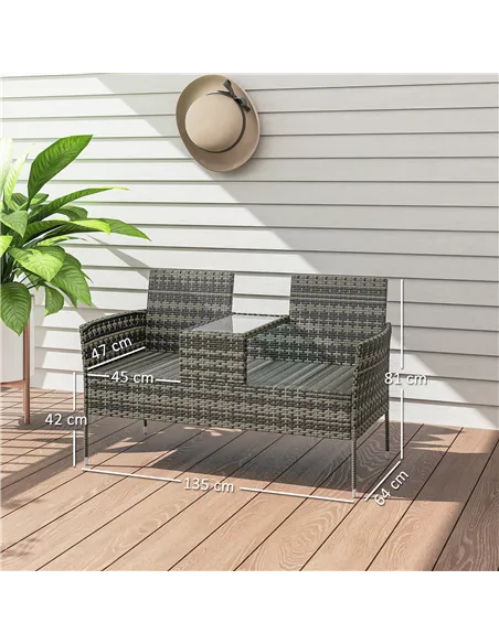 Outsunny Two-Seat Rattan Chair, with Middle Table - Charcoal Grey