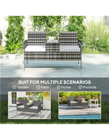 Outsunny Two-Seat Rattan Chair, with Middle Table - Charcoal Grey