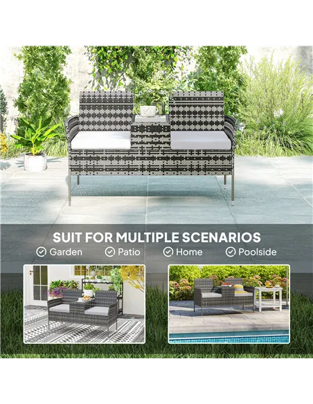 Outsunny Two-Seat Rattan Chair, with Middle Table - Charcoal Grey