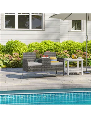 Outsunny Two-Seat Rattan Chair, with Middle Table - Charcoal Grey