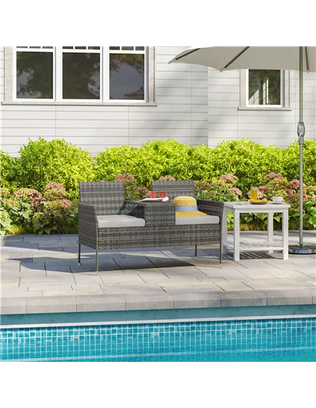 Outsunny Two-Seat Rattan Chair, with Middle Table - Charcoal Grey