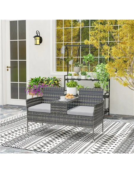 Outsunny Two-Seat Rattan Chair, with Middle Table - Charcoal Grey