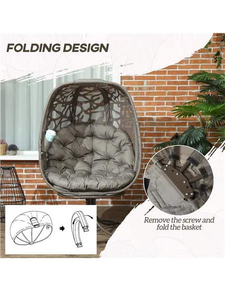 Outsunny Swivel Egg Chair with Cushions, Foldable Basket Seat and Metal Frame, Indoor Outdoor Lounge Chair for Balcony, Poolside