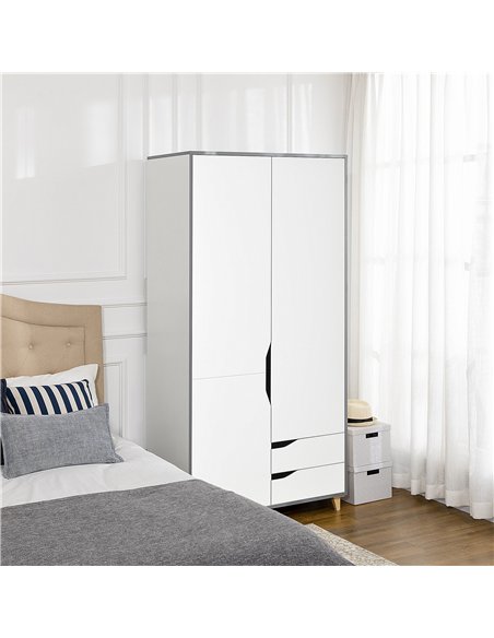 HOMCOM Wardrobe with 2 Doors, 2 Drawers, Hanging Rail, Shelves for Bedroom Clothes Storage Organiser, 89x50x185cm, White