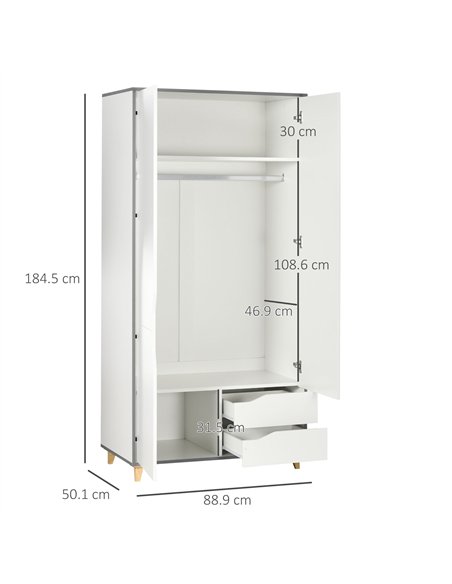 HOMCOM Wardrobe with 2 Doors, 2 Drawers, Hanging Rail, Shelves for Bedroom Clothes Storage Organiser, 89x50x185cm, White