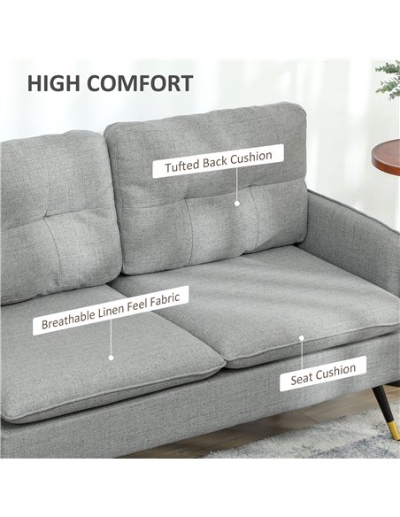 HOMCOM Modern Two Seater Sofa, Button Tufted Loveseat with Cushions and Steel Legs for Living Room, Guest Room, Grey