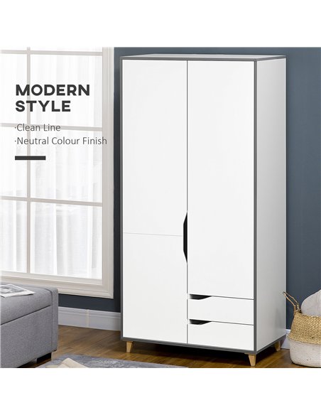 HOMCOM Wardrobe with 2 Doors, 2 Drawers, Hanging Rail, Shelves for Bedroom Clothes Storage Organiser, 89x50x185cm, White