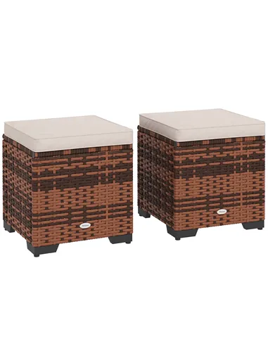 Outsunny Set of 2 Rattan Storage Ottoman, Outdoor Footstool with Removable Cushions, Garden Storage Seat for Balcony, Porch, Liv