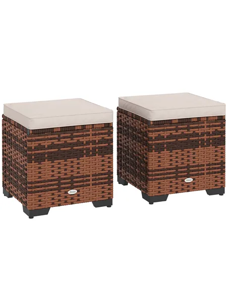 Outsunny Set of 2 Rattan Storage Ottoman, Outdoor Footstool with Removable Cushions, Garden Storage Seat for Balcony, Porch, Liv